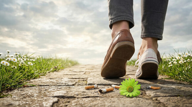 Close up of person legs walking away on stone pathway leaving behind green daisy flower Bellis perennis and dirty cigarette butts on ground, environmental pollution and conscious choice concept