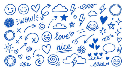 Fototapeta premium Collection of Blue Doodle Icons and Symbols.