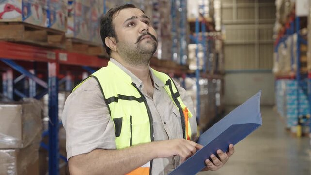 Intensely focused warehouse worker meticulously reviews document while standing within brightly lit industrial warehouse filled with stacked boxes and shelving units; wearing high-visibility vest and