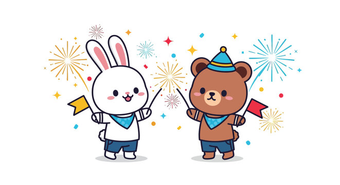 Vector illustration of a cute white chibi rabbit and brown bear holding small flags and sparklers, celebrating with colorful fireworks and confetti on a clean white background.