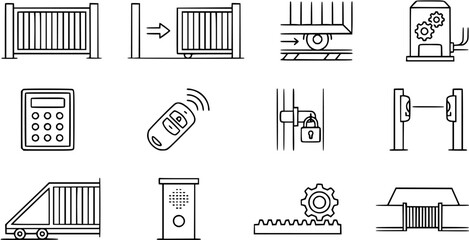Obraz premium Automatic Gates, Security Access Control Line Art Icons Set. Includes Gate Openers, Intercoms, Remotes, Keypads, and Various Gate Types Outline Symbols.