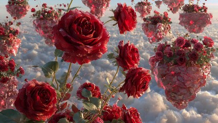 Red roses and floating floral hearts above a sea of clouds, creating a romantic and dreamlike landscape. © Fila