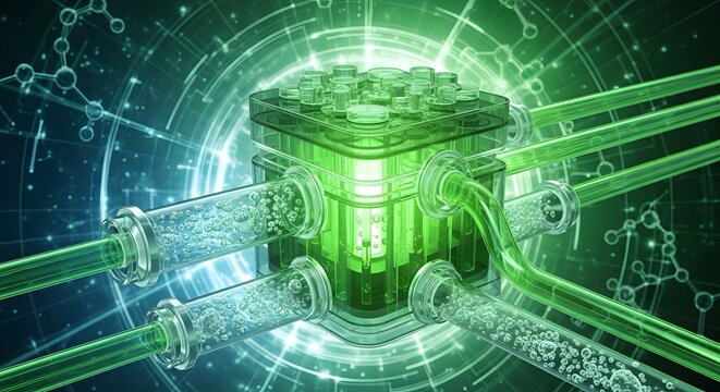 Energy cube glows with intense green light while connected to multiple transparent tubes in a lab.