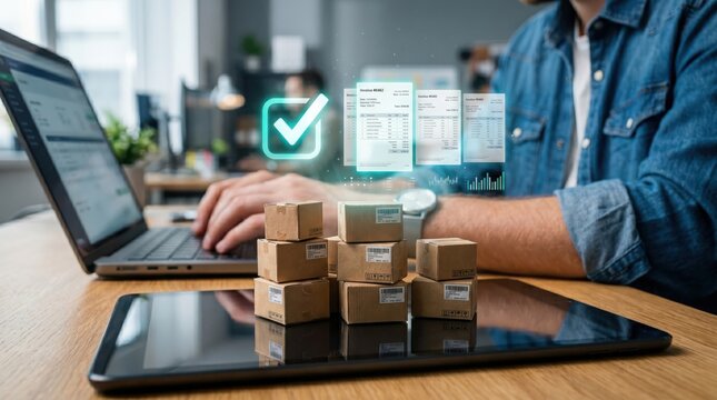 Smart logistics and digital invoice processing for shipping cardboard boxes in online retail warehouse management system