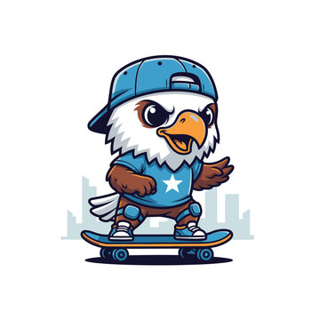 Cartoon vector illustration of a cool baby eagle mascot wearing a blue backwards baseball cap and star t-shirt while riding a skateboard on a white background with a city silhouette.