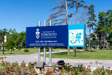 Naklejka premium Toronto, Canada - June 21, 2026: The entrance sign for the buildings at University of Toronto Scarborough (UTSC) campus on Military Trail, Toronto, Ontario, Canada. 