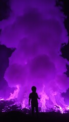 Fototapeta premium Solitary Figure Silhouetted Against a Layered Background of Swirling Purple Flame Effects