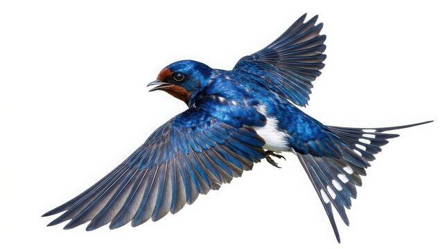 Barn swallow bird in mid-flight isolated on white background with wildlife migratory creature isolated background passerine vertebrate elevation observation ornithology