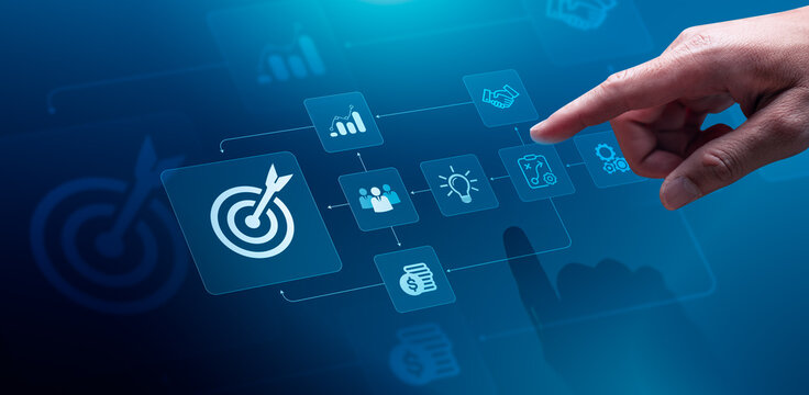 Business strategy workflow concept with digital target interface showing team collaboration innovation process financial planning growth analytics and goal achievement system