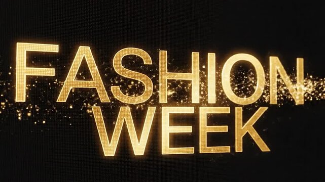 Glowing golden fashion week text on a dark textured background
