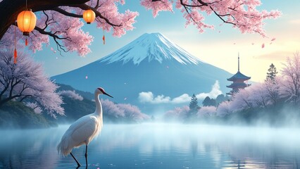 Obraz premium Majestic White Crane Standing on Misty Lake in Japan