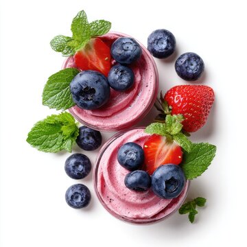 Summer dessert frozen berry mousse cups topped isolated on a white background