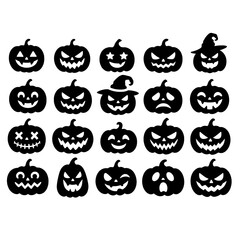 Obraz premium Collection of black jack o lantern pumpkin silhouettes featuring spooky scary cute funny and expressive Halloween faces including witch hats star eyes and creepy grins isolated on white background
