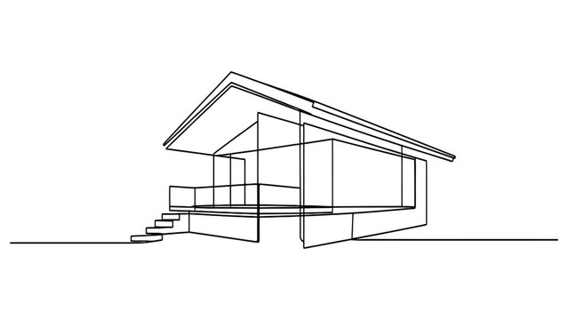 Minimalist modern house drawing made with one continuous black line showing a simple cabin structure with a roof and deck