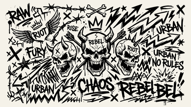 Three Skulls with Horns and Graffiti Style Text.