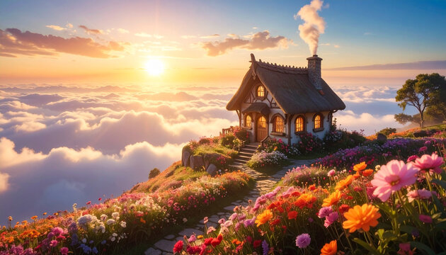 Magical cottage in flower garden above clouds at sunset