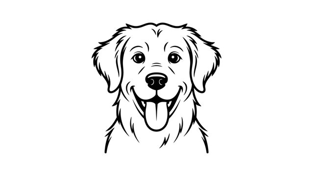 Happy golden retriever dog face head portrait black and white line art drawing