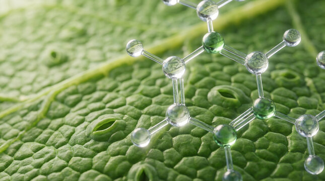Close up of a clear glass molecular model resting on a textured green leaf surface with visible plant stomata cells under bright natural light, representing herbal medicine discovery