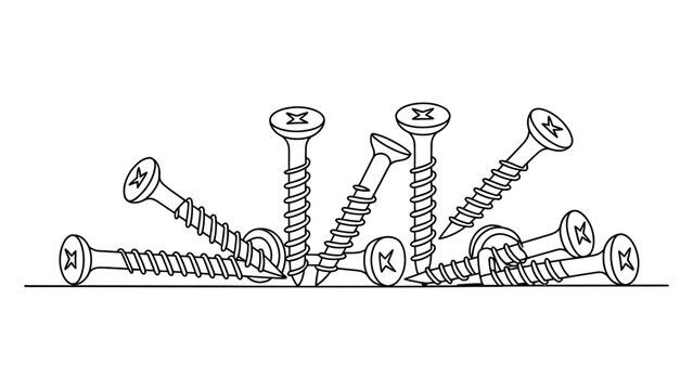 Group of metal wood screws lying together in a pile sketch illustration