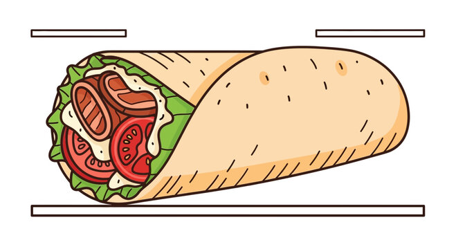 Delicious Shawarma Wrap with Meat, Vegetables, and Sauce on a White Background
