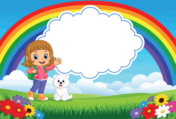 Fototapeta premium Vector Cartoon Illustration of a Little Girl with Backpack and Her Small White Dog Standing in a Meadow with Colorful Flowers under a Bright Rainbow and a Large Empty Cloud Frame
