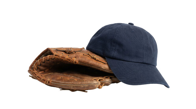 Baseball glove and navy blue cap on a white background.