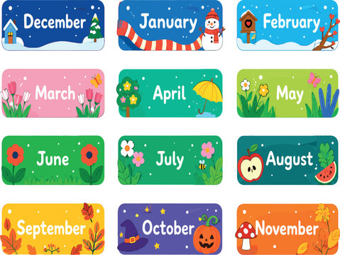 Colorful Months of the Year Vector Illustration Set with Seasonal Icons and Decorative Banners for Calendars, Planners, School Education, Scrapbooking, and Kids DIY Projects Design