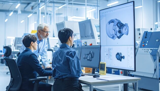 Engineers Collaborating on 3D Product Design Models on Computer Screens in Modern Facility