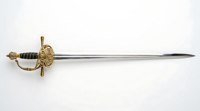 An ornate sword with a gold hilt and black grip lies on a white surface