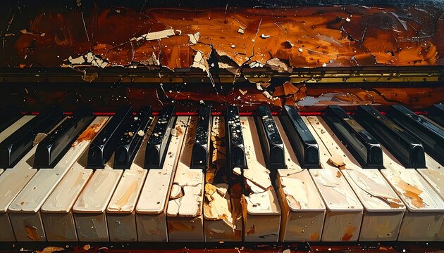 Old piano keyboard with broken keys.