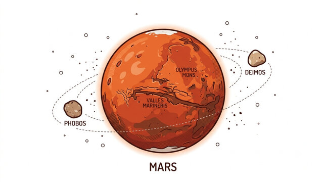 Mars red planet vector illustration with Phobos and Deimos moons