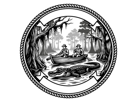 Vintage Swamp Adventure Woodcut Illustration with Alligator and Men Rowing Boat in Bayou Circle Emblem