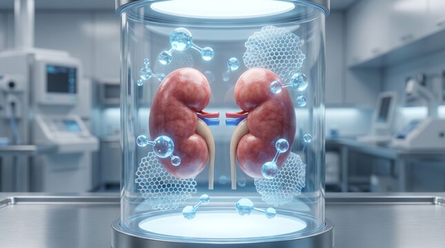 3D illustration of human kidneys inside a futuristic glass incubator with molecular structures
