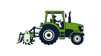 Naklejka premium Agricultural tractor with rear tiller attachment for soil preparation.