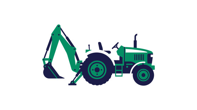 Agricultural tractor with rear backhoe excavator attachment.
