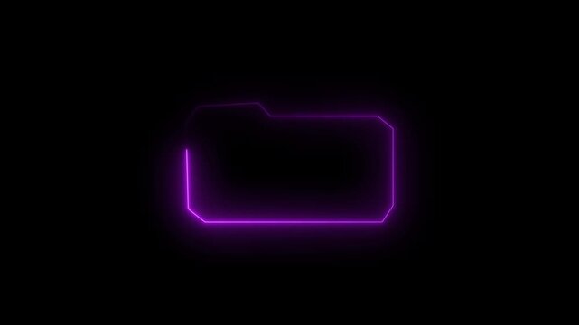 Neon folder icon animation with glowing purple light border line rotating on black background for digital data storage interface design concepts featuring vibrant tech aesthetics in motion