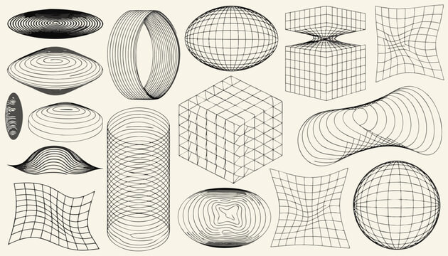 Abstract 3D Wireframe Geometric Shapes and Distorted Grid Elements Set.eps