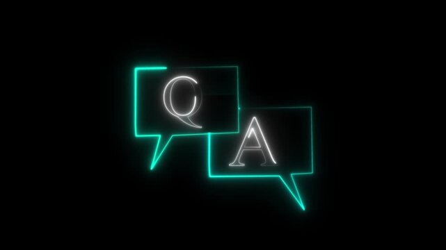 Neon qa question answer glow flicker effect on dark background, seamless loopable animation of q and a symbol in chat bubble for social media video