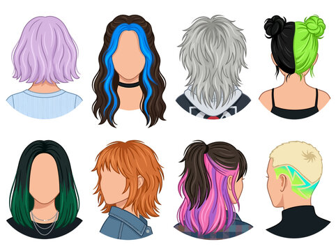 Diverse collection of modern hairstyles featuring vibrant colors and trendy cuts for young stylish women