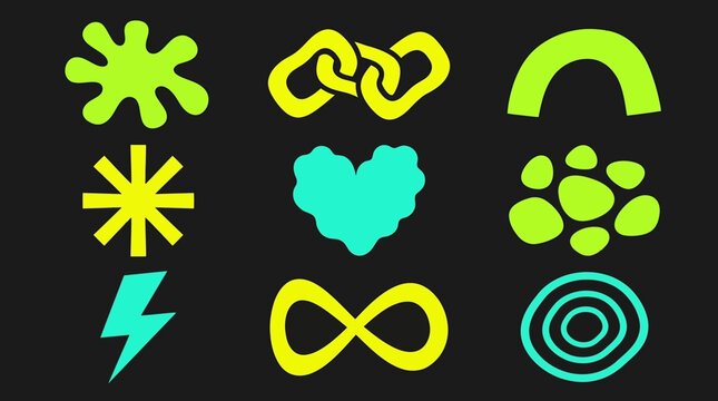 Vibrant neon graphic shapes featuring abstract icons like hearts stars lightning bolts and circles set collection