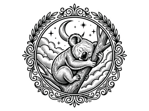Vintage Woodcut Sleeping Koala Illustration in Ornate Filigree Frame