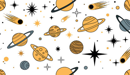 Seamless Vector Pattern of Outer Space with Hand-Drawn Planets, Rings, Twinkling Stars, and Comets on a White Background for Wallpaper, Textile Print, and Creative Graphic Design Projects. © Sadek