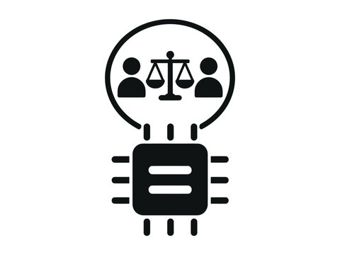 Abstract representation of digital justice system with binary code integrated with legal scales and human figures symbolized by iconic shapes