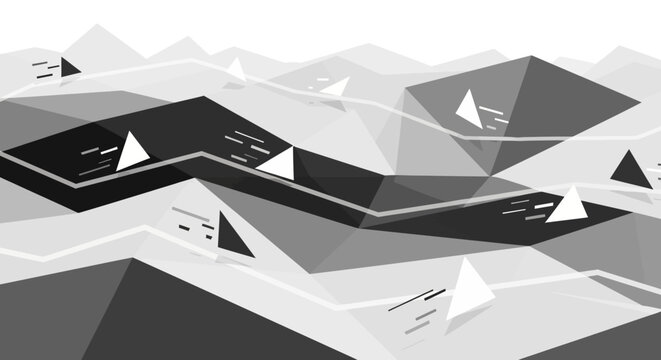 Abstract geometric low poly waves with sailing ships in grayscale