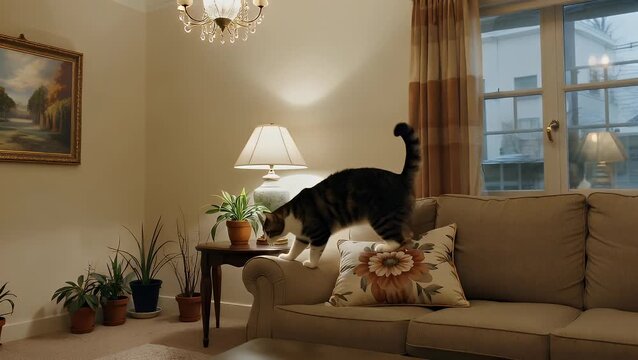 The embellishment and furnishing of a living space featuring a soft cushion with a botanical pattern for a comfortable and inviting atmosphere in a residential dwelling or lodging establishment