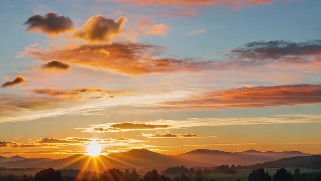 An extensive panoramic vista of a vibrant dawn and dusk horizon featuring multicolored heavens in shades of tangerine, lemon, rose, and fuchsia set against a silhouette of peaks, a scenic portrayal o