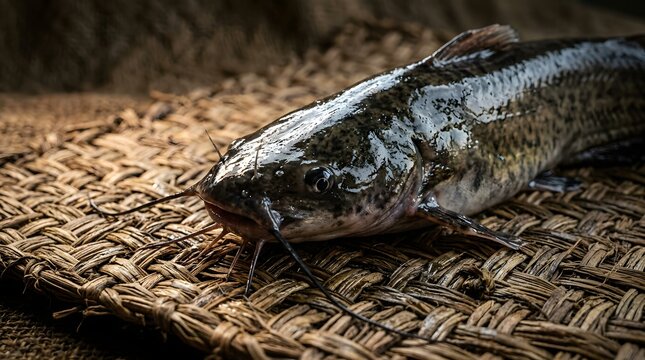 Fresh Indonesian Catfish (Ikan Lele) on a Woven Mat, a Staple for Traditional Cuisine