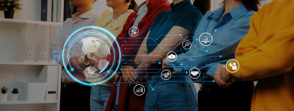 A group of women in a professional environment showcases teamwork and innovation, with a digital globe and technology icons representing global connectivity and collaboration. Trope