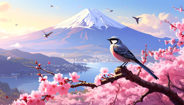 Japanese Landscape with Mount Fuji and Cherry Blossom