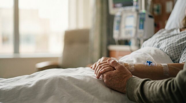 Close-up of a hand holding the hand of a patient lying in hospital bed with intravenous IV drip, representing medical support, empathy, caregiving sympathy, and clinical family healthcare comfort